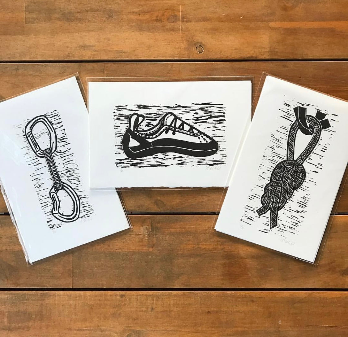 Handprinted Rock Climbing Print Set - ALL 3 Climbing Prints